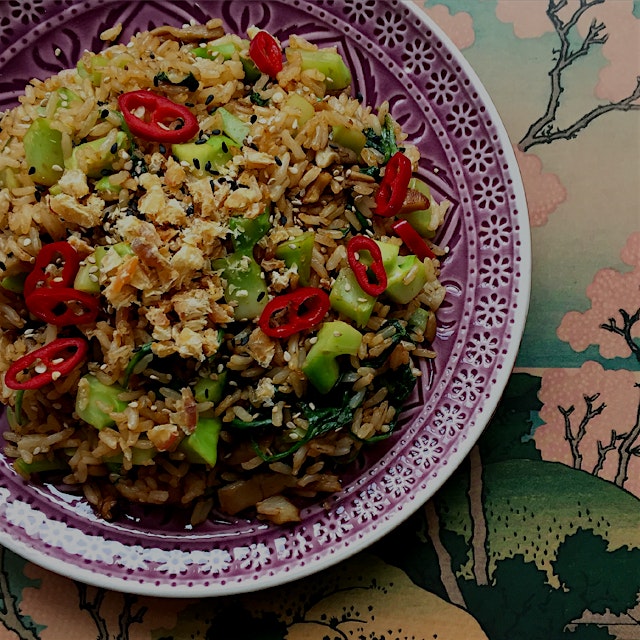 The diced broccoli stems I used for this fried brown rice (with Korean chili paste and topped wit...