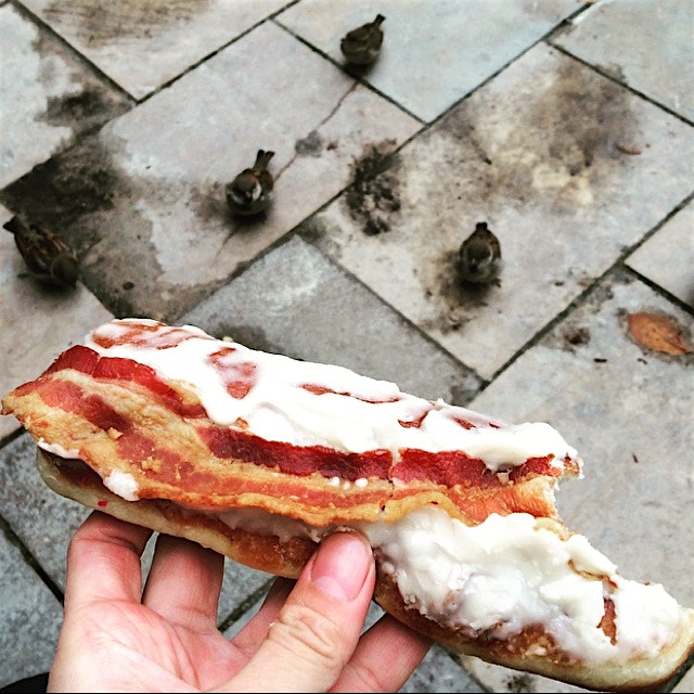 Making early bird friends with my Bacon- Maple Syrup doughnut.