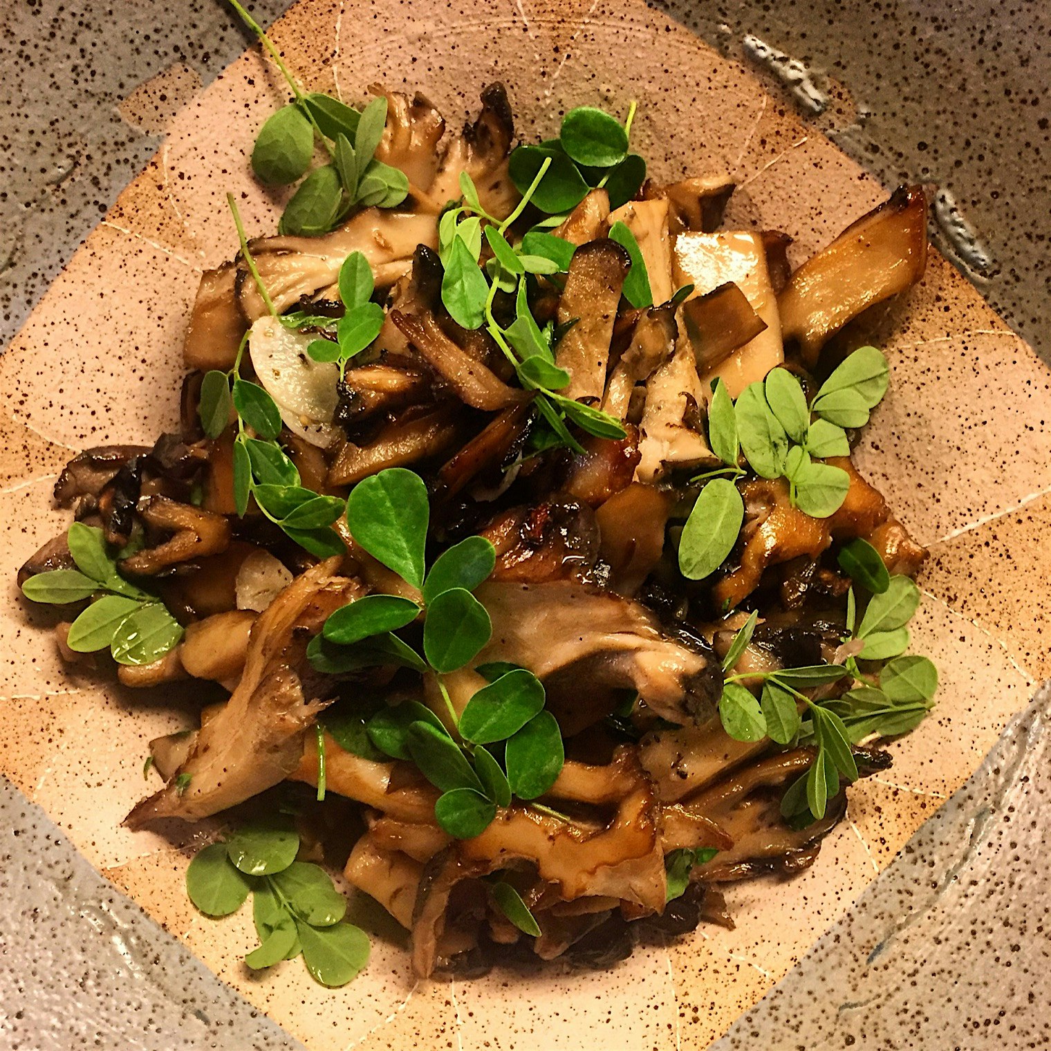 Hen of the woods with garlic and moringa. 
