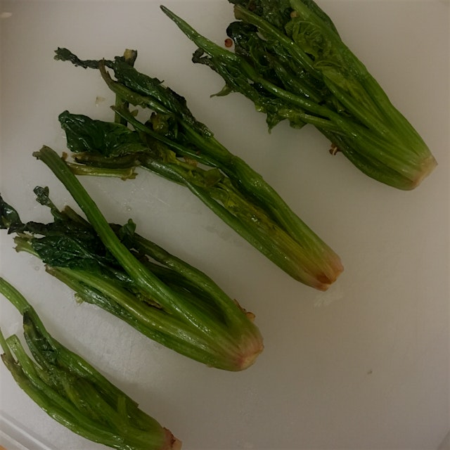 Prepared these cute little Spinach stems as I would bok choi—steamed then sautéed with soy sauce ...