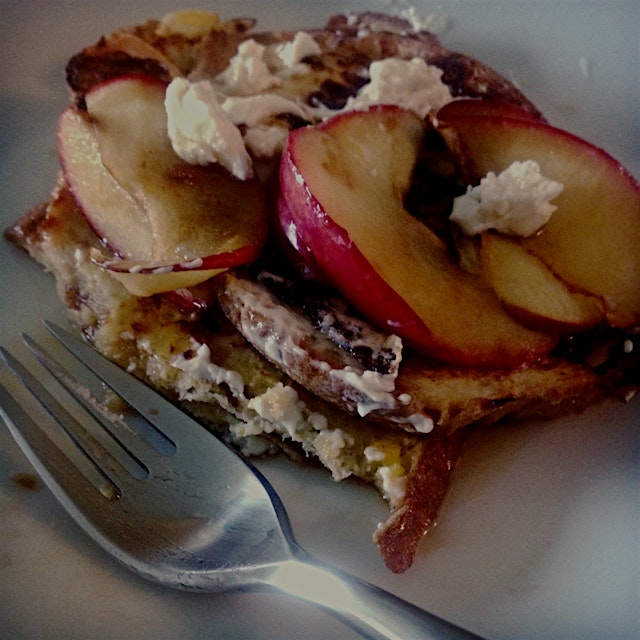 Expired milk (or half and half) and stale bread make a great French toast. The goat cheese doesn'...
