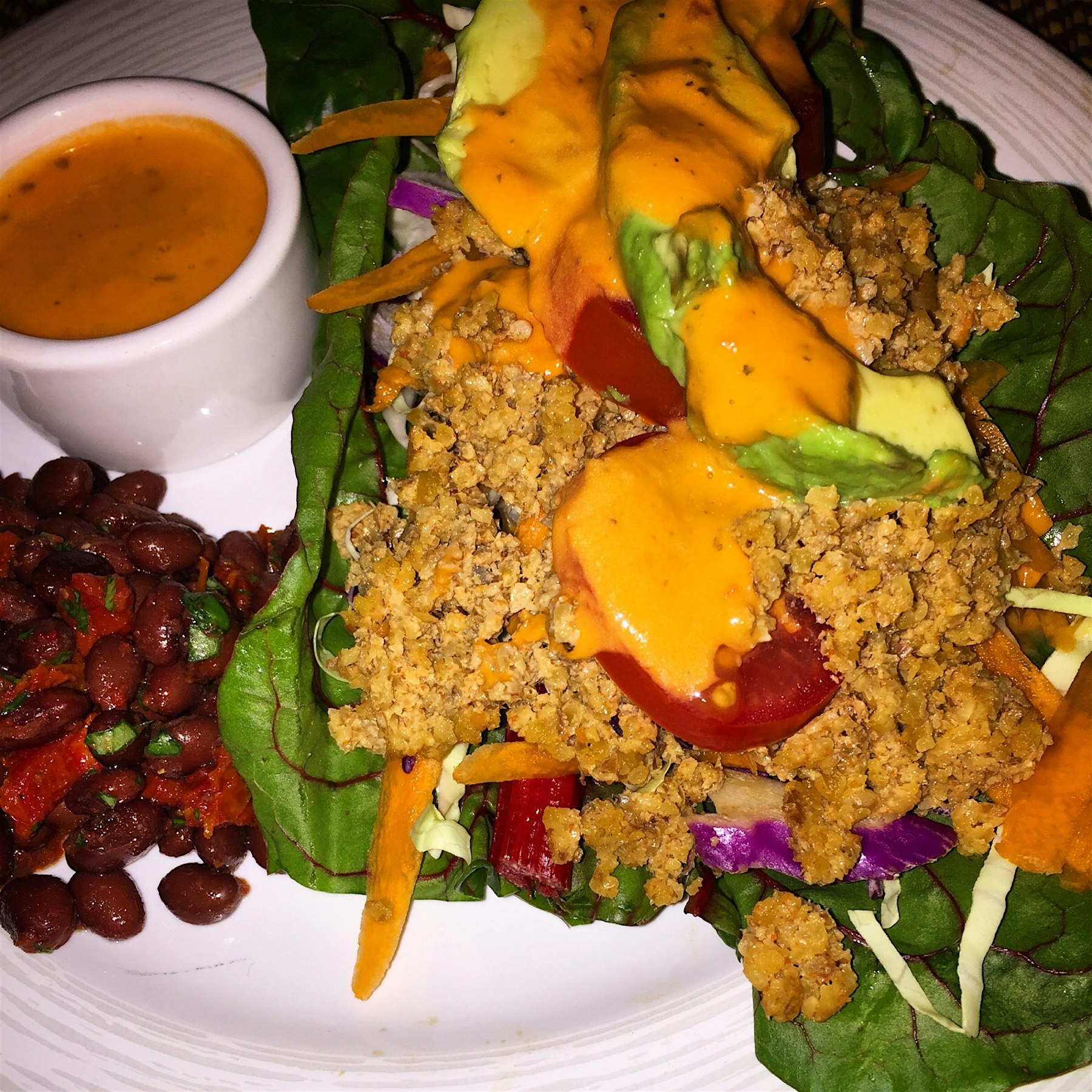 Walnut 'taco meat' wrapped in Rainbow Chard w/ Smoky Tomato Vinaigrette with a Spiced Black Bean ...