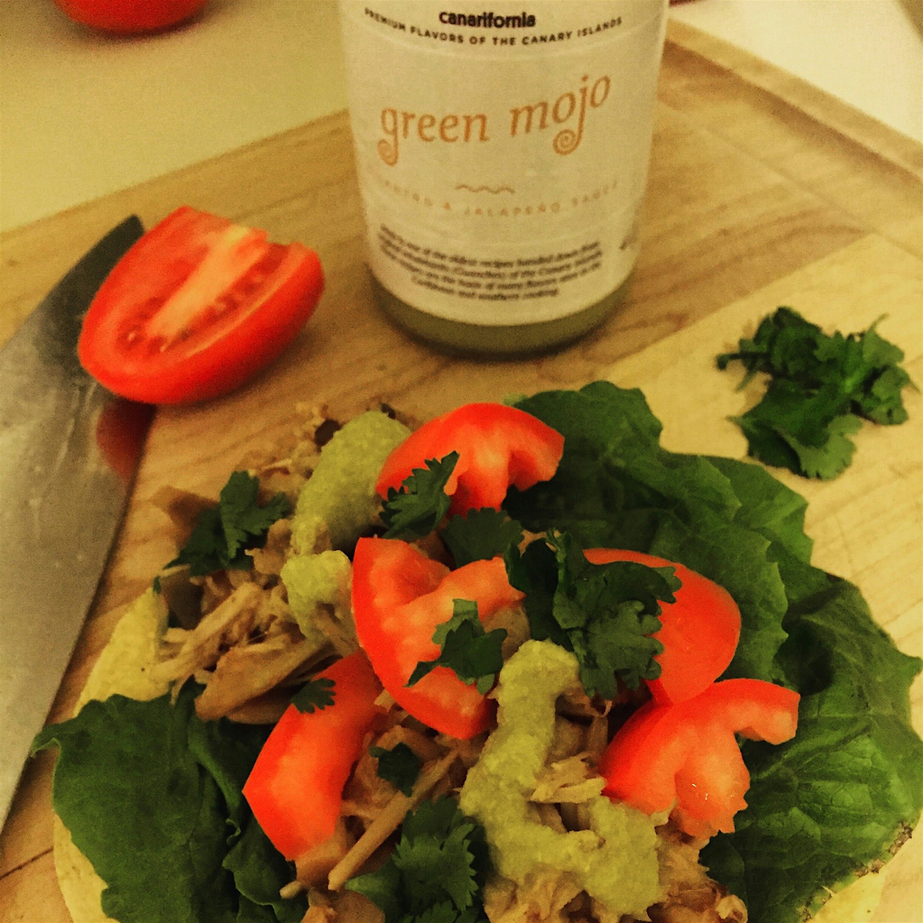Jackfruit Carnitas Tacos with local favorite Canarifornia Green Mojo.
