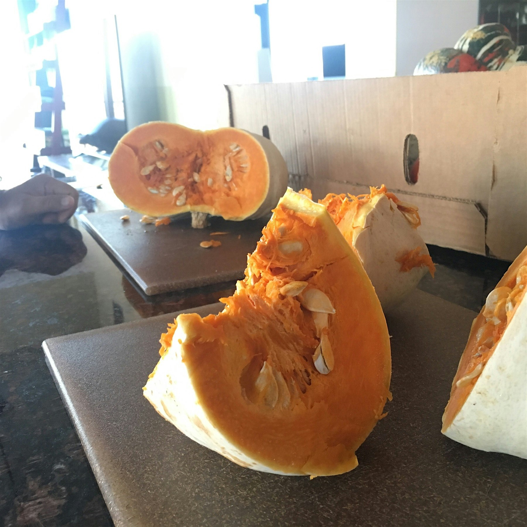 And it begins! Cindarella pumpkin getting chopped for pie.  #NoFoodWaste