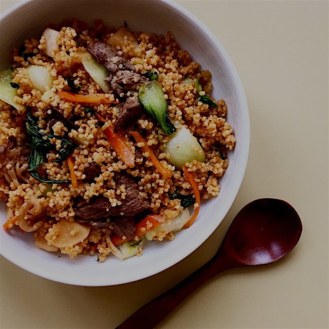 Kimchi (I made a few days ago) fried millet with beef (left over from dinner) and Pak Choi (last ...