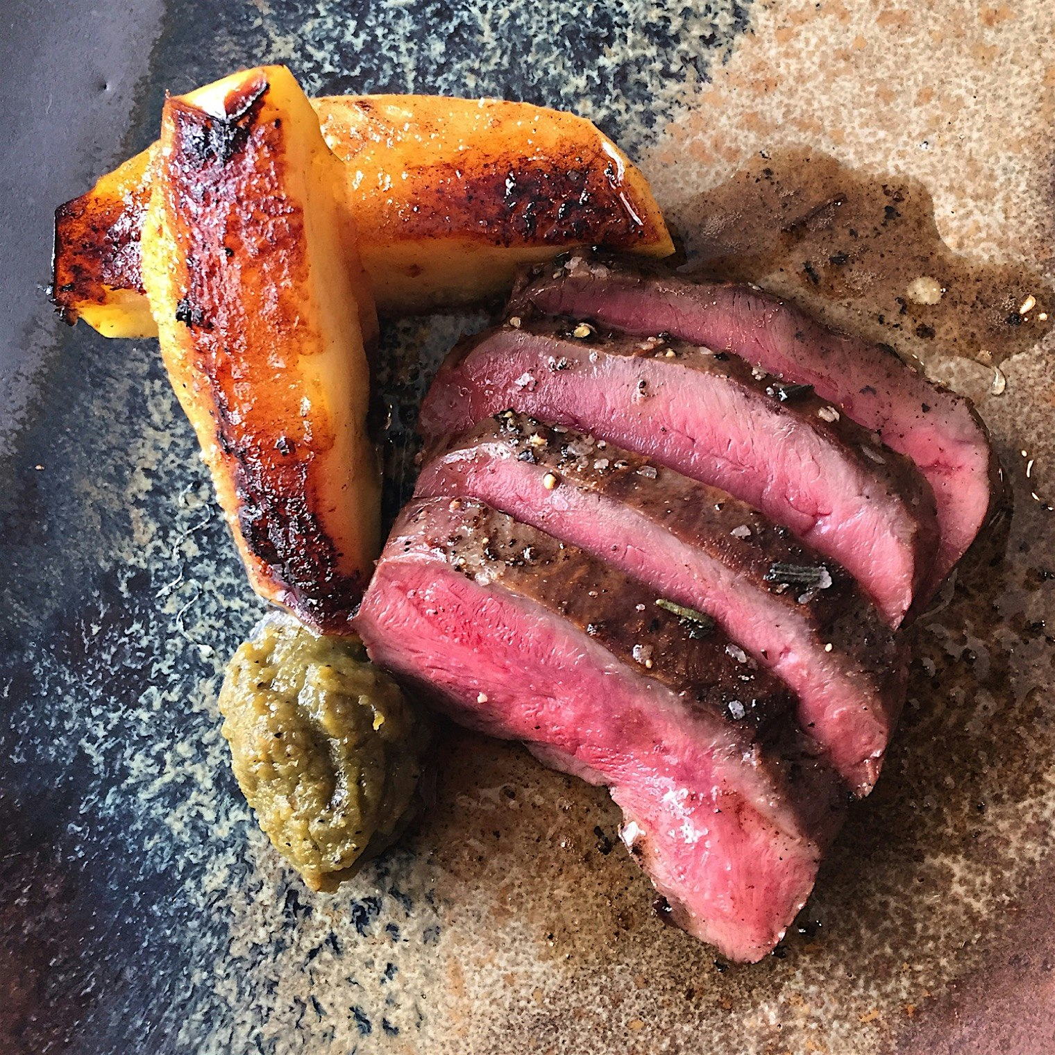 Venison heart , roasted apples, fermented chillies. 