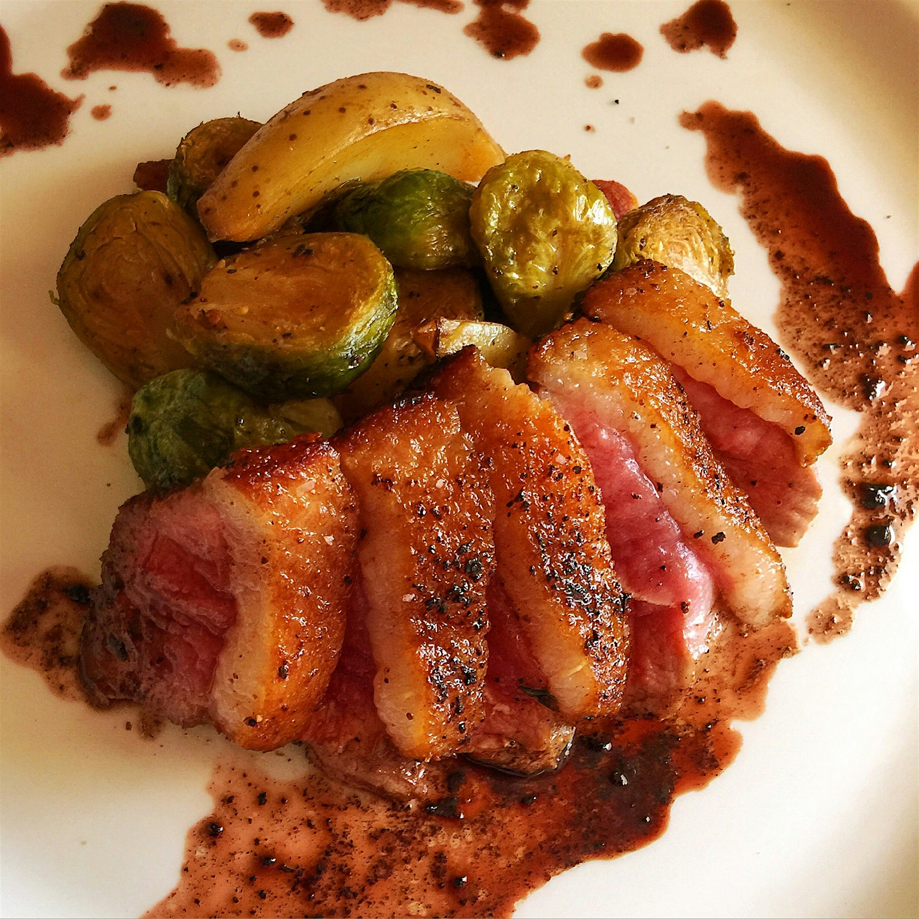 Pan-Seared Jersey Muscovy Duck Breast w/ Merlot Pan Sauce over Duck Fat Roasted Brussels Sprouts ...