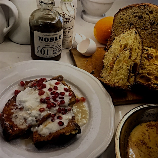 Panettone season is here. Best french toast! Lemon-spiked kefir makes up for whipping cream, so i...