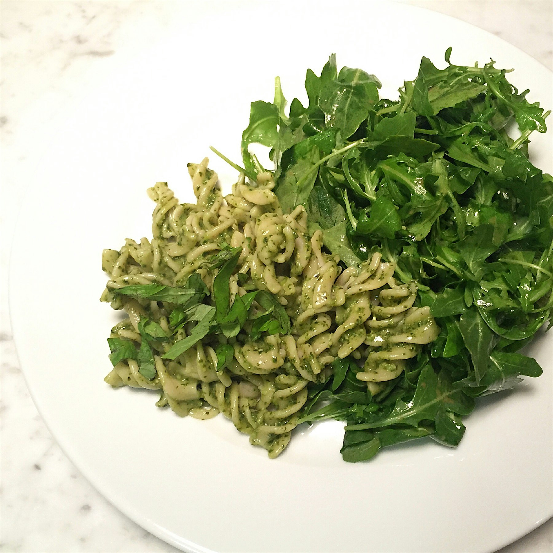 Pesto pasta! On the table in 20 minutes from start to finish. Doesn't get much quicker than that!