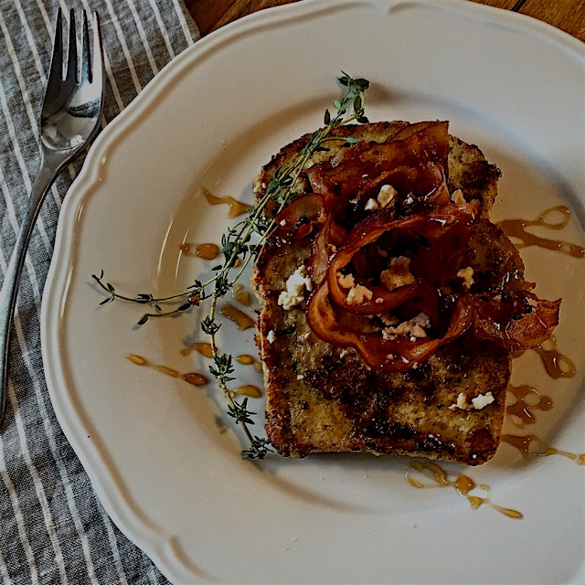Feta and Parmesan Savoury French Toast with thyme and cracked pepper. Drizzled with chestnut oak ...