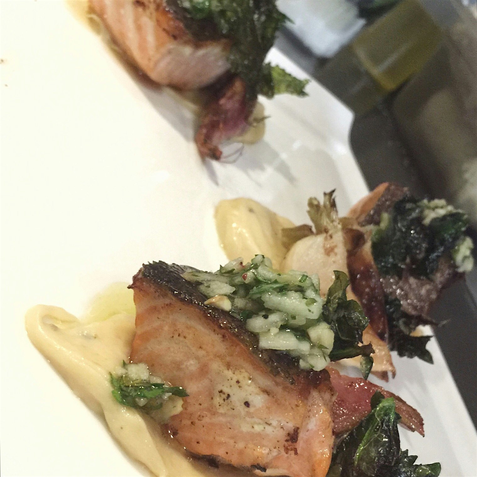 Cider brined salmon / turnip / parsnip-truffle purée / Apple gremolata/ kale