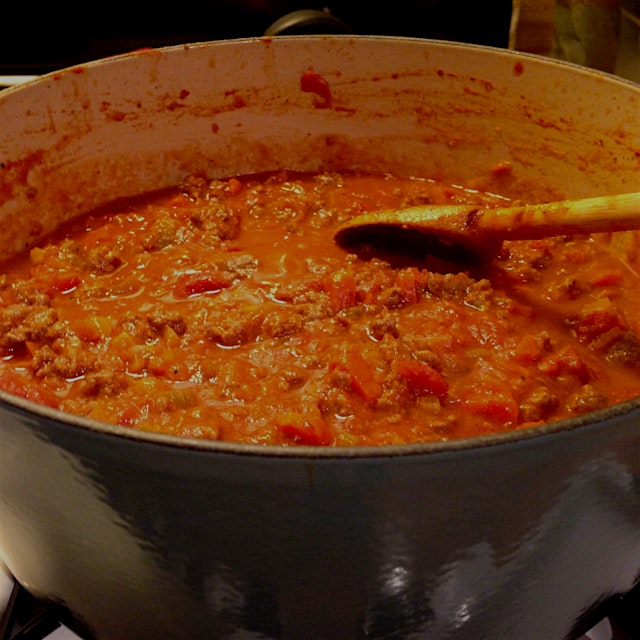 Fresh sauce for spaghetti bolognese -- one of my most successful dinner collaborations with Alber...