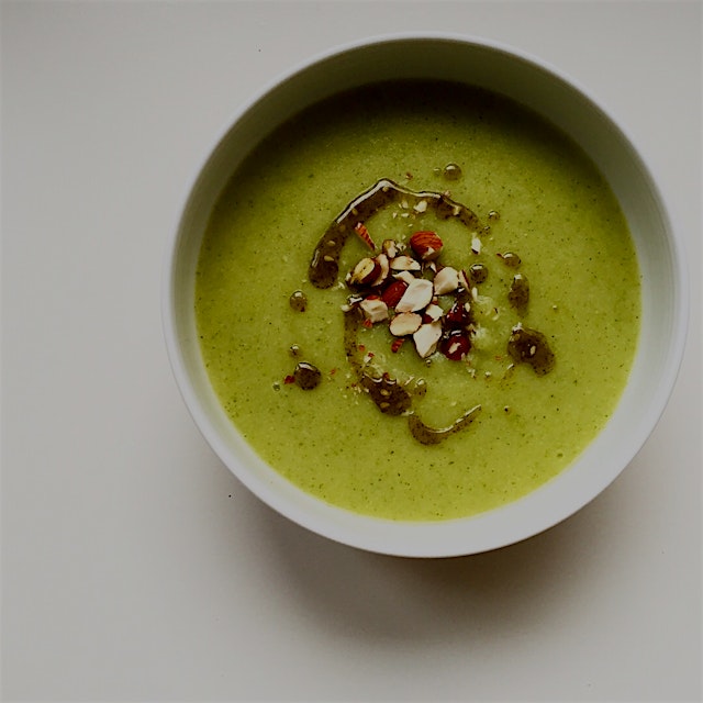 Broccoli potato soup, drizzled with za'atar infused oil and toasted almond
