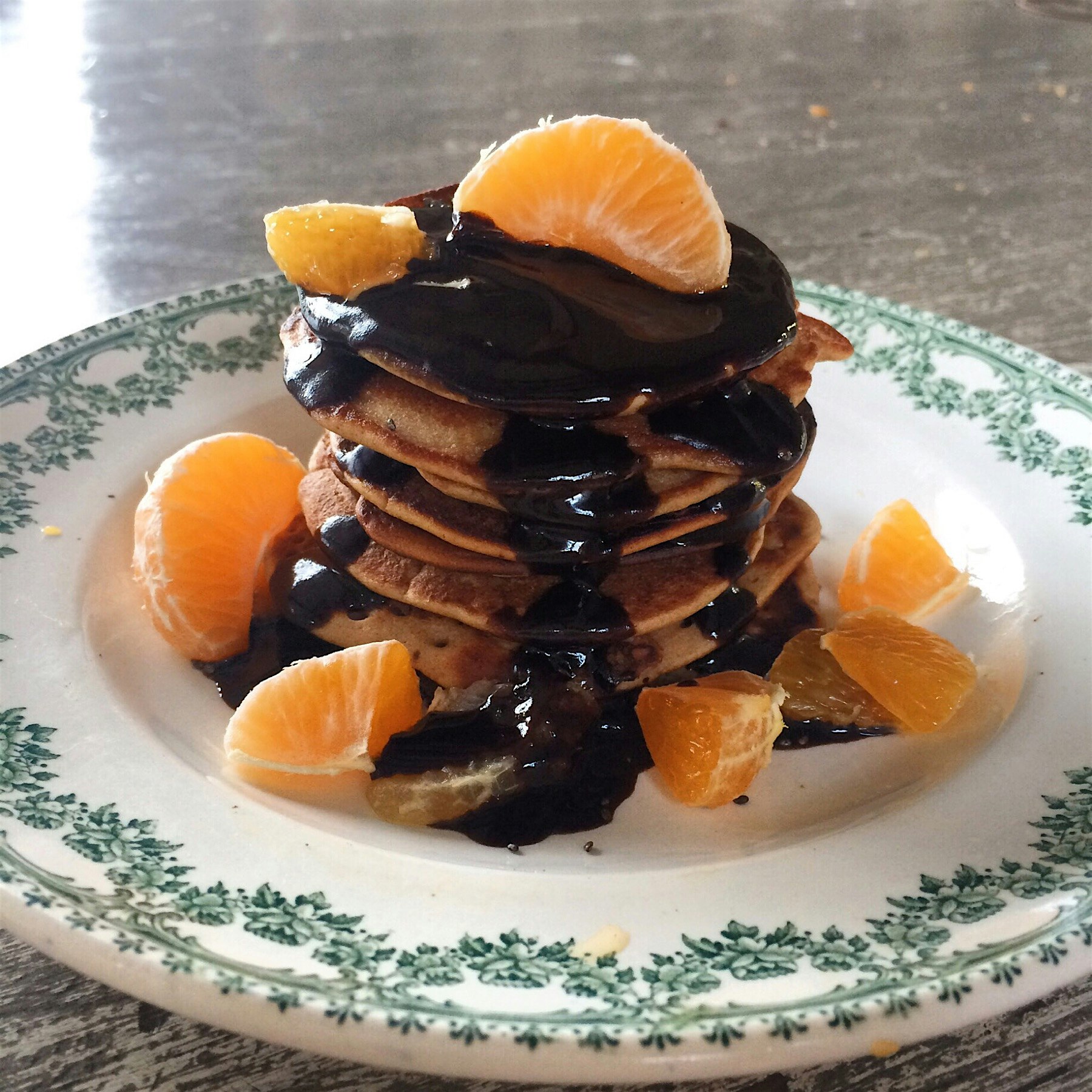 My breakfast situation earlier this week: buckwheat pancakes with fresh mandarin oranges and clea...