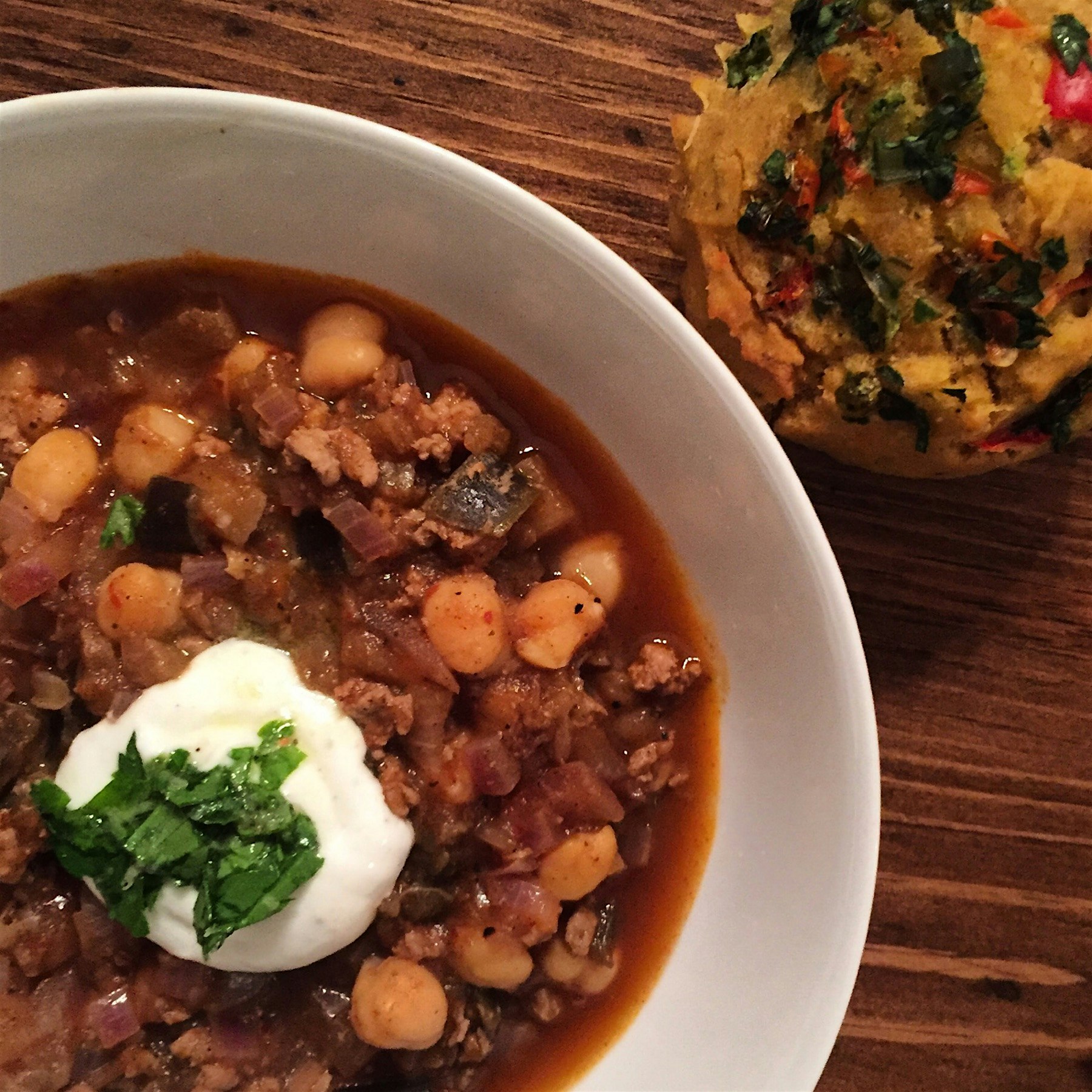 Mediterranean twist on turkey chili with chickpeas, ras el hanout and eggplant with a dollop of y...