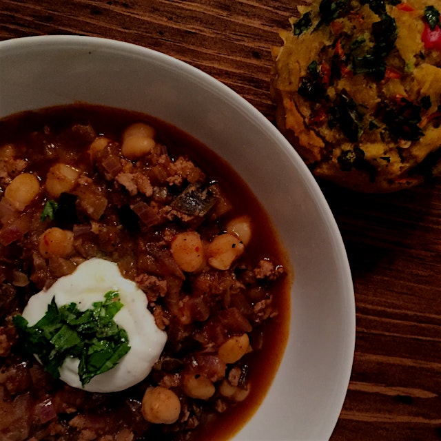 Mediterranean twist on turkey chili with chickpeas, ras el hanout and eggplant with a dollop of y...