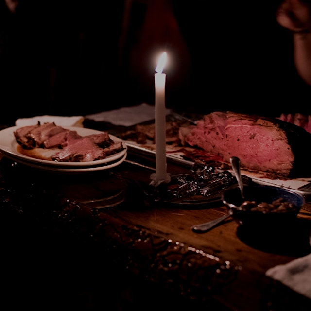 Prime rib cooked in a 100-year-old railroad stove in a cabin in Montana!