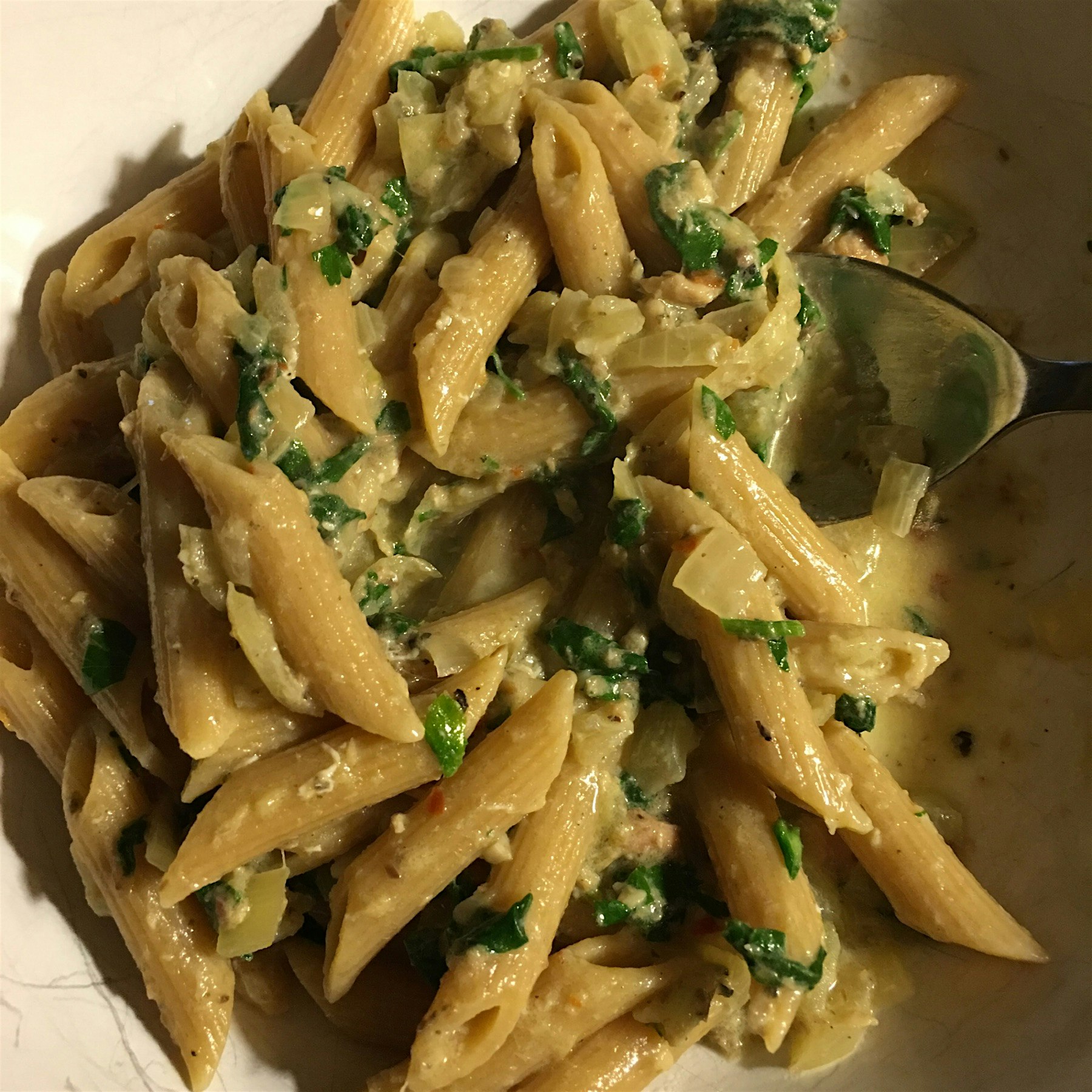 Penne with sardine and spinach sauce