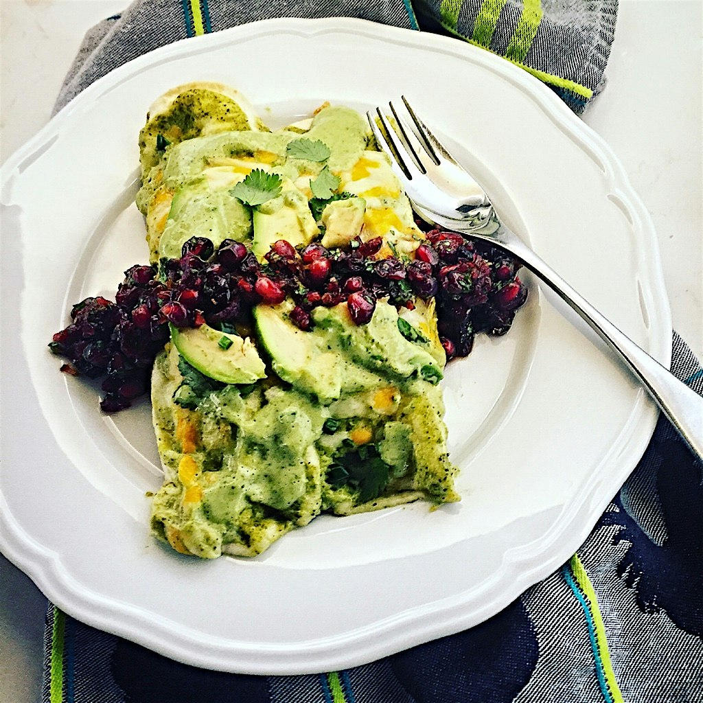 A fresh meal to balance all the rich ones! Chicken and Poblano Enchiladas with an Avocado Spinach...