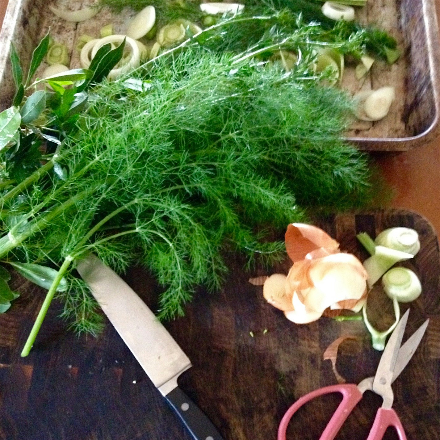 About to slowly roast a shoulder of pork with fennel fronds, lots of garlic and onions. The pork ...