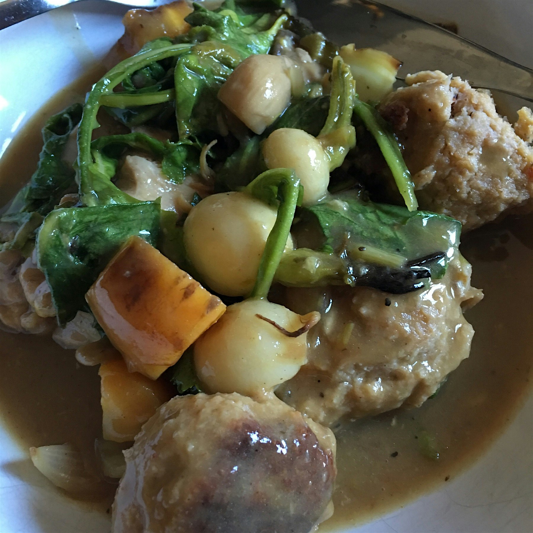 Chicken stew with crab cake dumplings and roasted baby white radishes 