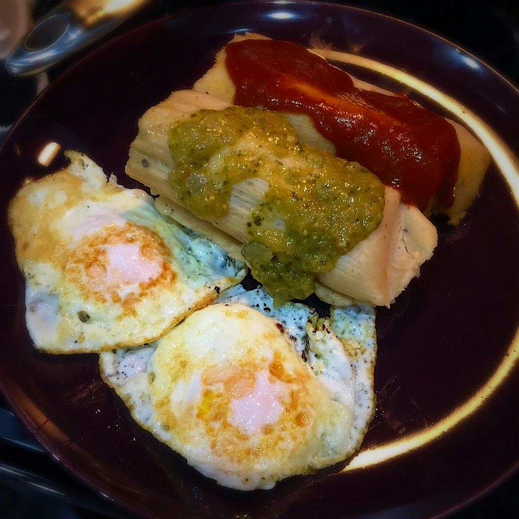 This is how holiday brunches are enjoyed! Tamales with Eggs, and homemade sauces!