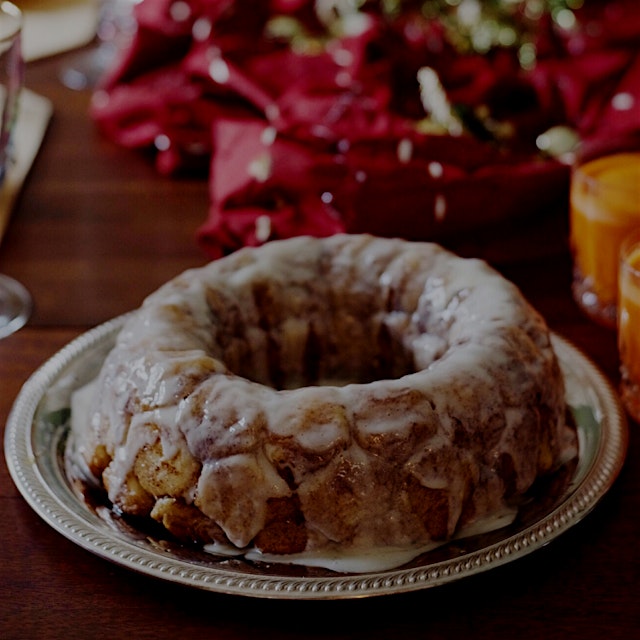 Homemade brioche monkey bread with cream cheese icing for Christmas morning. 