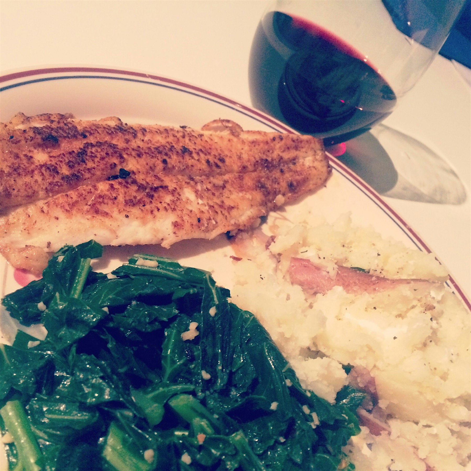 Blackened Swaii with Garlic Collards and Lemony Mashed Potatoes