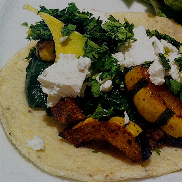 Veggie tacos with delicata squash and black beans! You'd never miss the meat. Recipe on my blog.