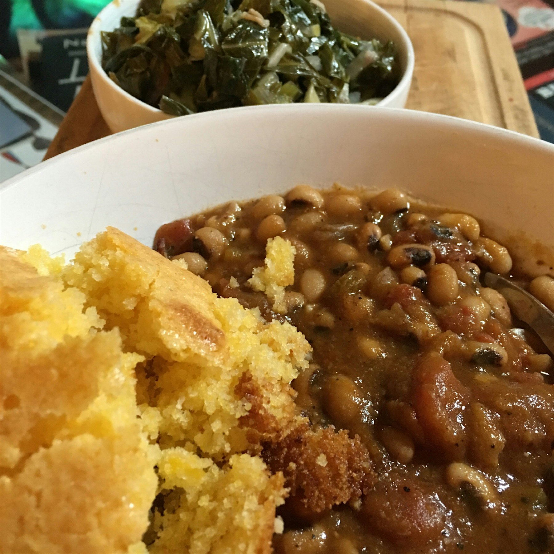 Celebrating the New Year with black eyed peas, cornbread and greens