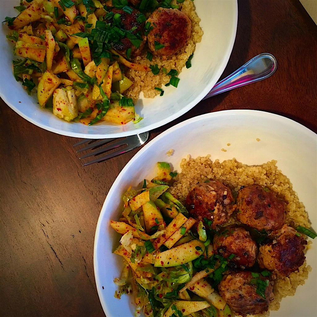 @BlueApron chicken meatballs on a bed of Quinoa, with a Brussels Sprout and Apple Granny Smith sp...