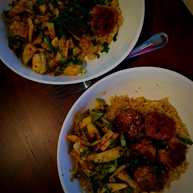 @BlueApron chicken meatballs on a bed of Quinoa, with a Brussels Sprout and Apple Granny Smith sp...
