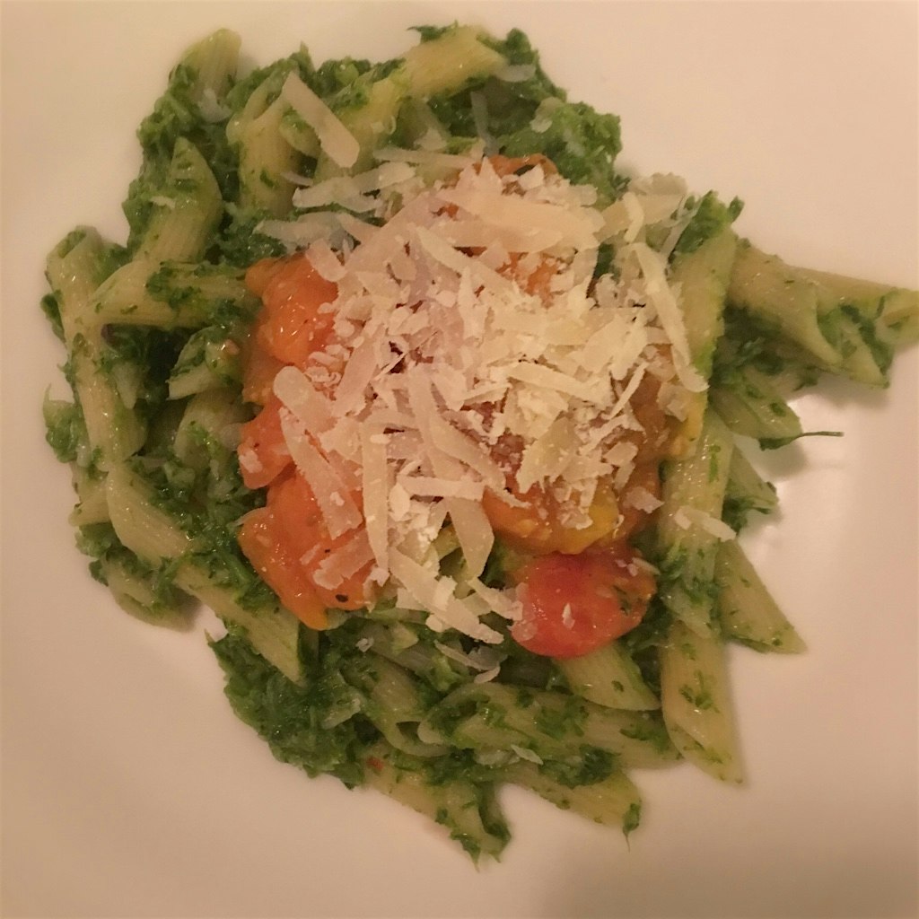 Broccoli-anchovy sauce for our penne this eve (topped with a tomato-butter-thyme compote)