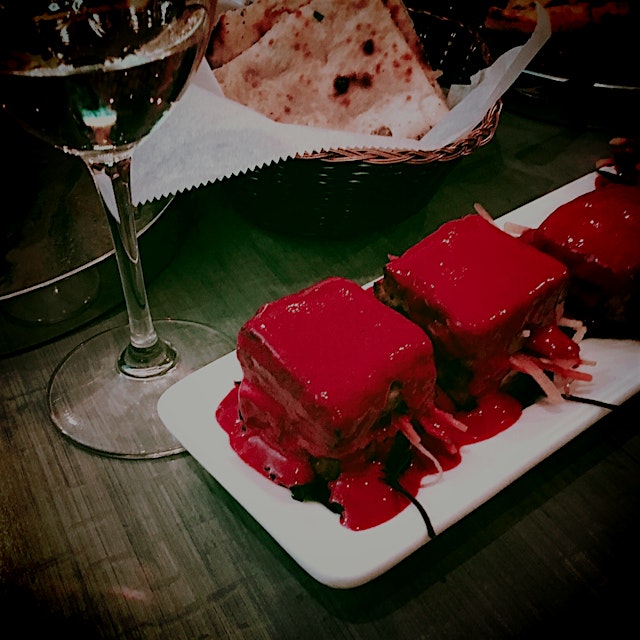 Beet puree, paneer and ginger daikon slaw - just one of the delicious veggie tastings from the Ch...