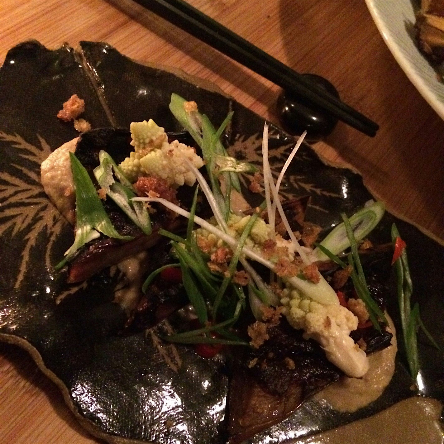 East meets Near East - market  Japanese eggplant is cooked in sake, glazed in Hatcho miso sits on...