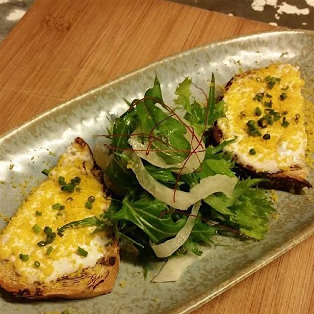 Luscious Beef lardo toast, made from Beef lard trimmings, topped w Bottarga and pickled Fennel Bu...