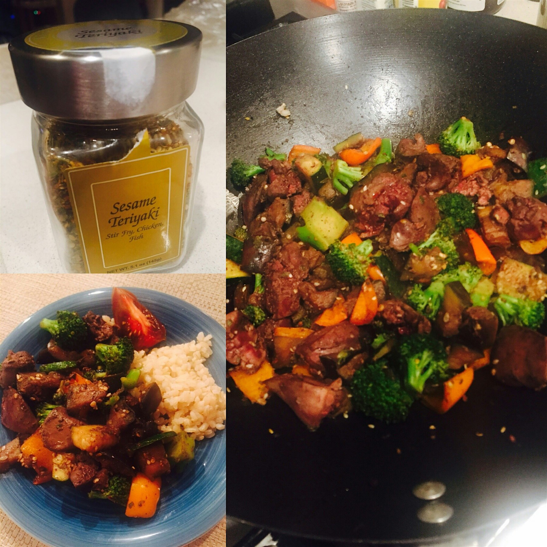 Sesame teriyaki spiced chicken livers and veggies cooked in wok .. Another homemade cooking exper...