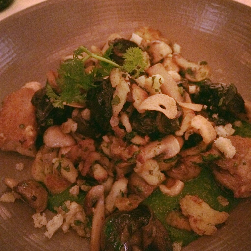 Deconstructing the classic Escargot - Burgundy snails are served with spaetzle, tossed with Mushr...