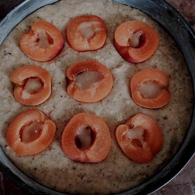 Molly Wizenberg's (Orangette) pistachio honeyed apricot cake going into the oven.