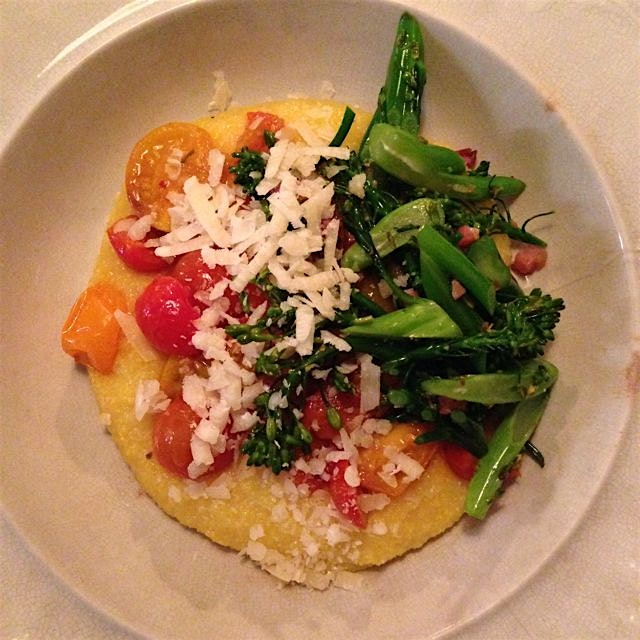 Simple dinner of polenta, stewed tomatoes, and broccolini with my little bro :)