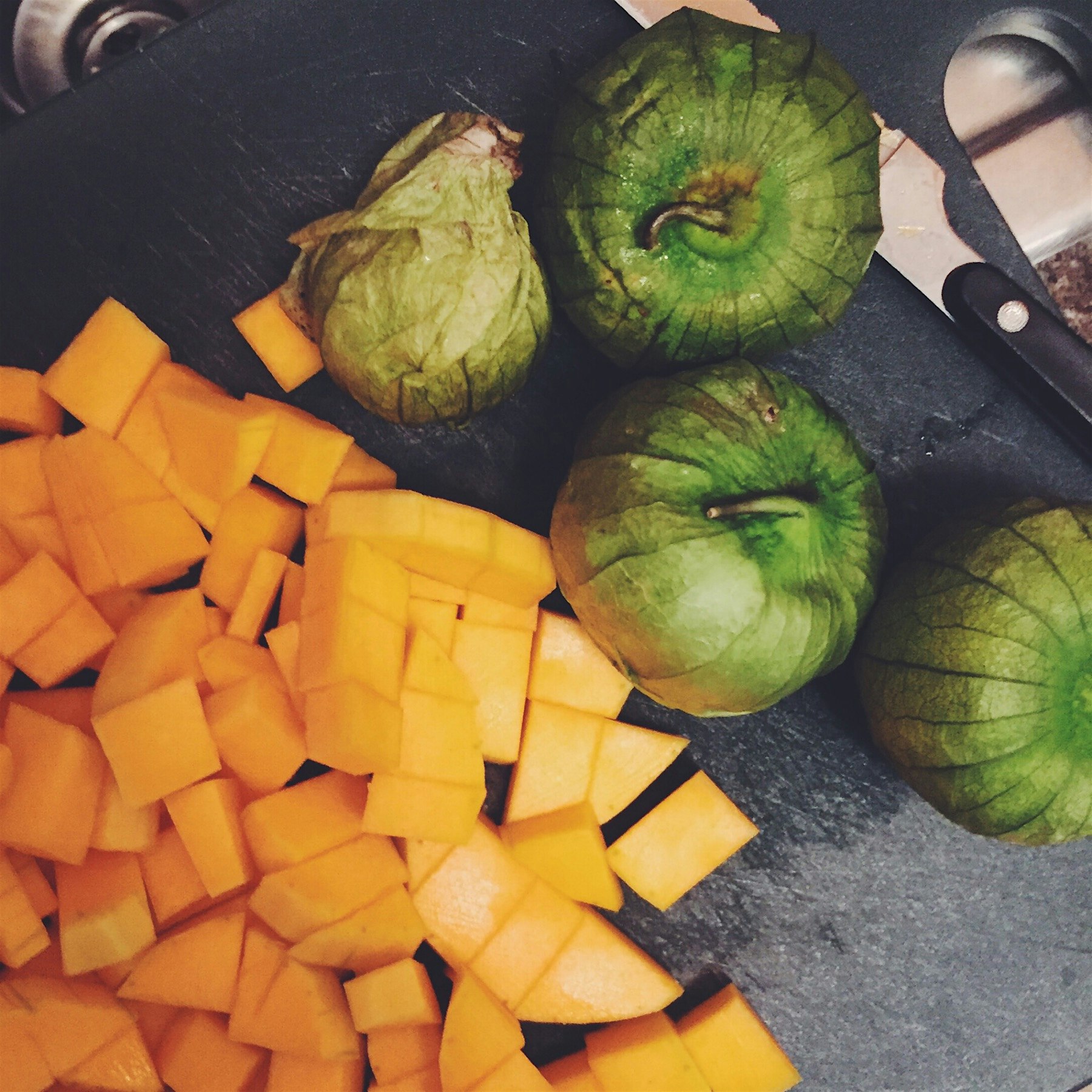 Butternut squash and tomatillos on tonight's menu 🍽