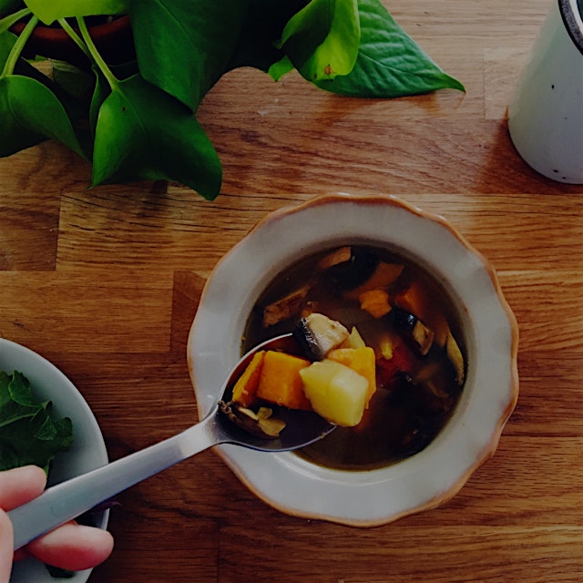 Extra chilly weather calls for extra delicious soup! Turmeric Miso Soup with Sweet Potato, Portob...