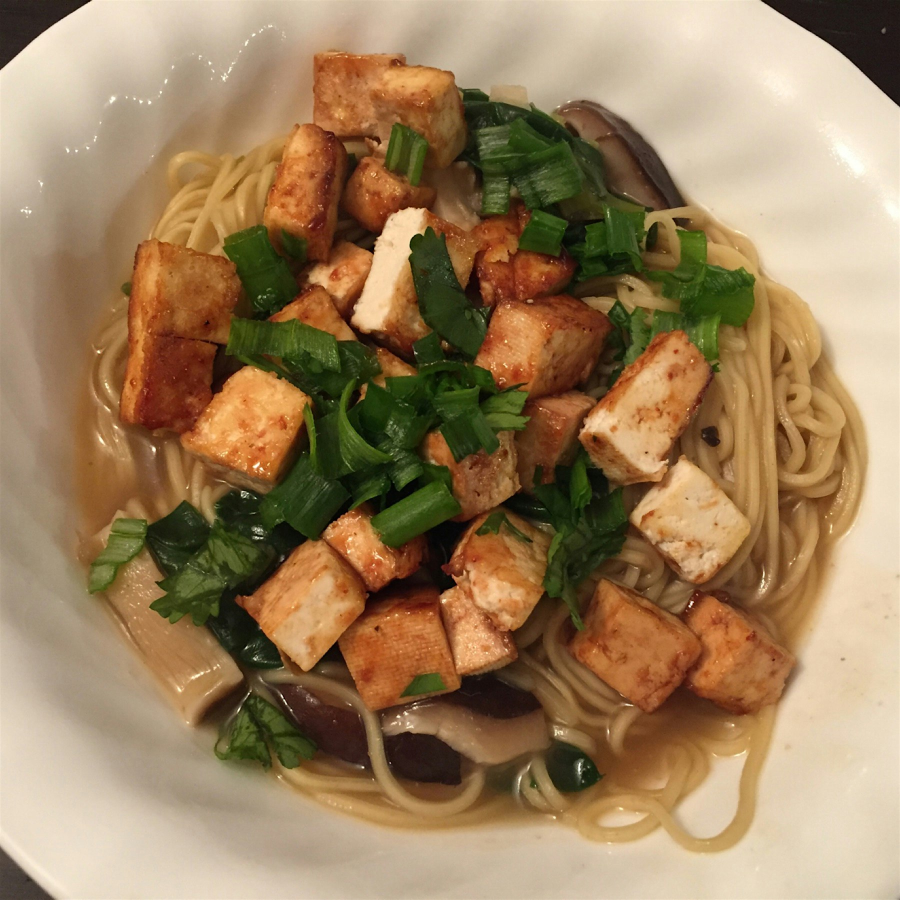 Ramen soup made at home with Ippudo noodles and hoisin glazed Tofu cubes. 