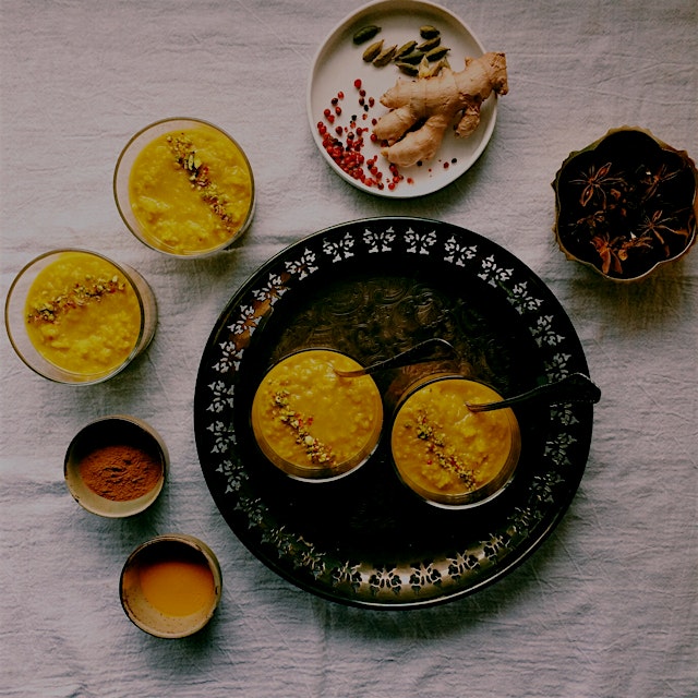 golden rice pudding with turmeric, ginger & pink peppercorns - a spin on the Ayurvedic turmeric m...