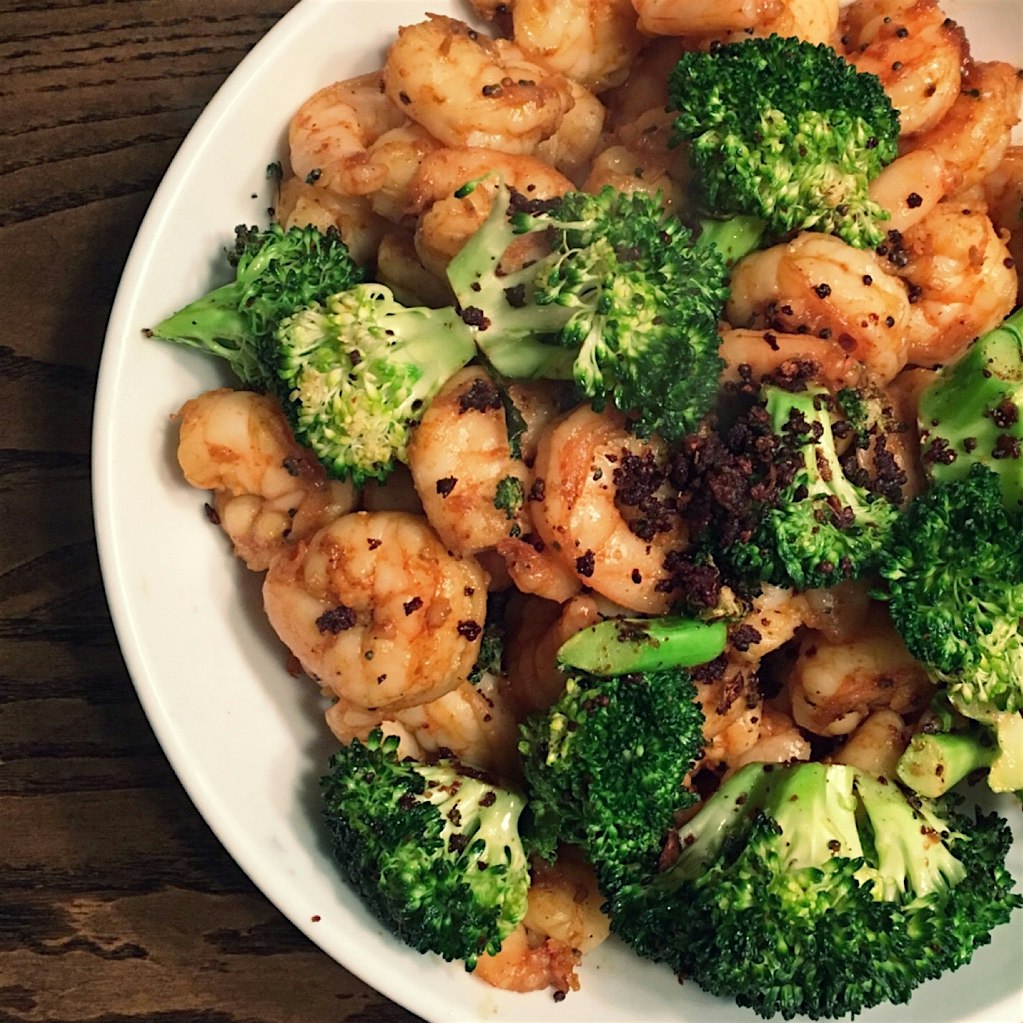 Shrimp and broccoli sautéed in ghee, mustard seed and GARLIC. #dinner