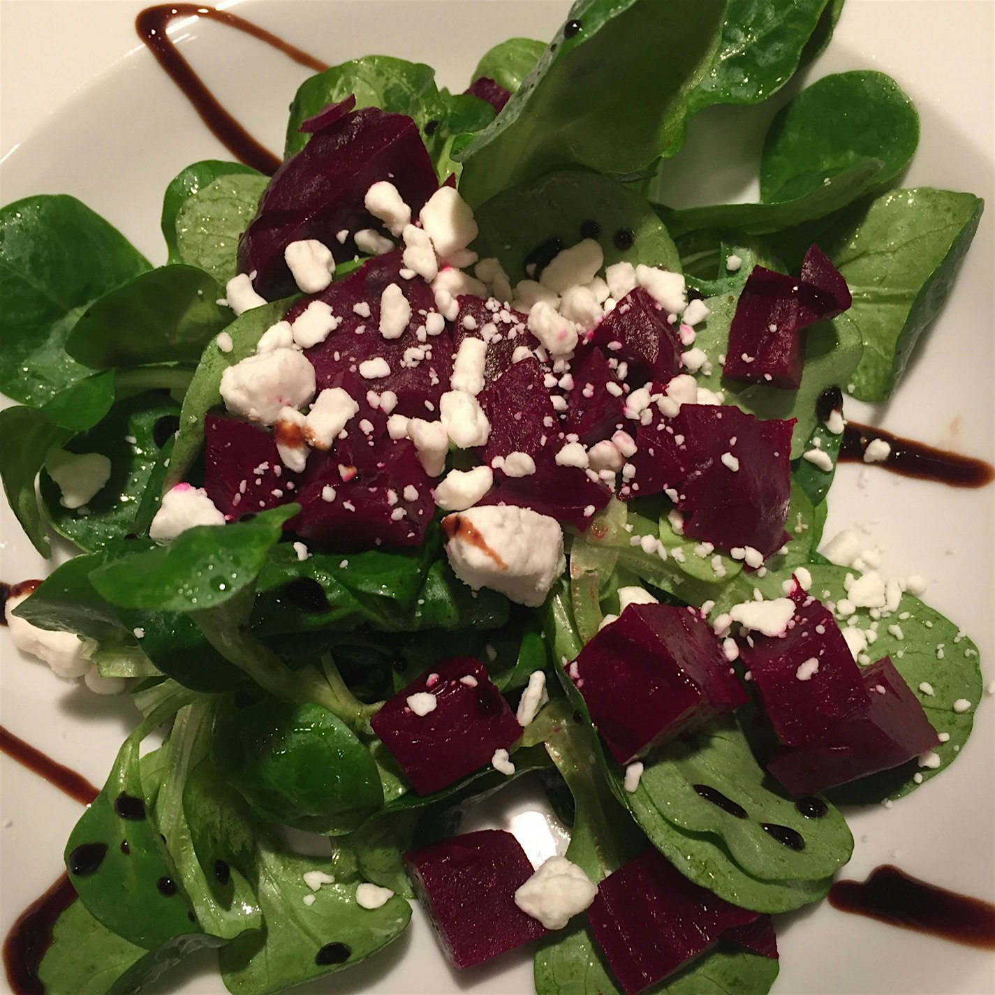 Mâche salad with roasted beets and soft goat cheese dressed with a light French vinaigrette #GetReal