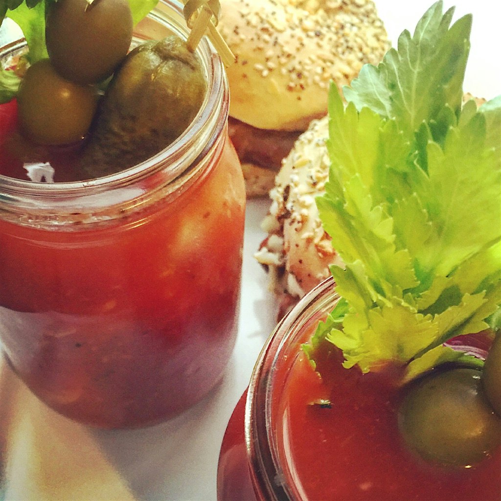 Jonas survival kit. Bloodies and andouille, egg and mozzarella breakfast sangees