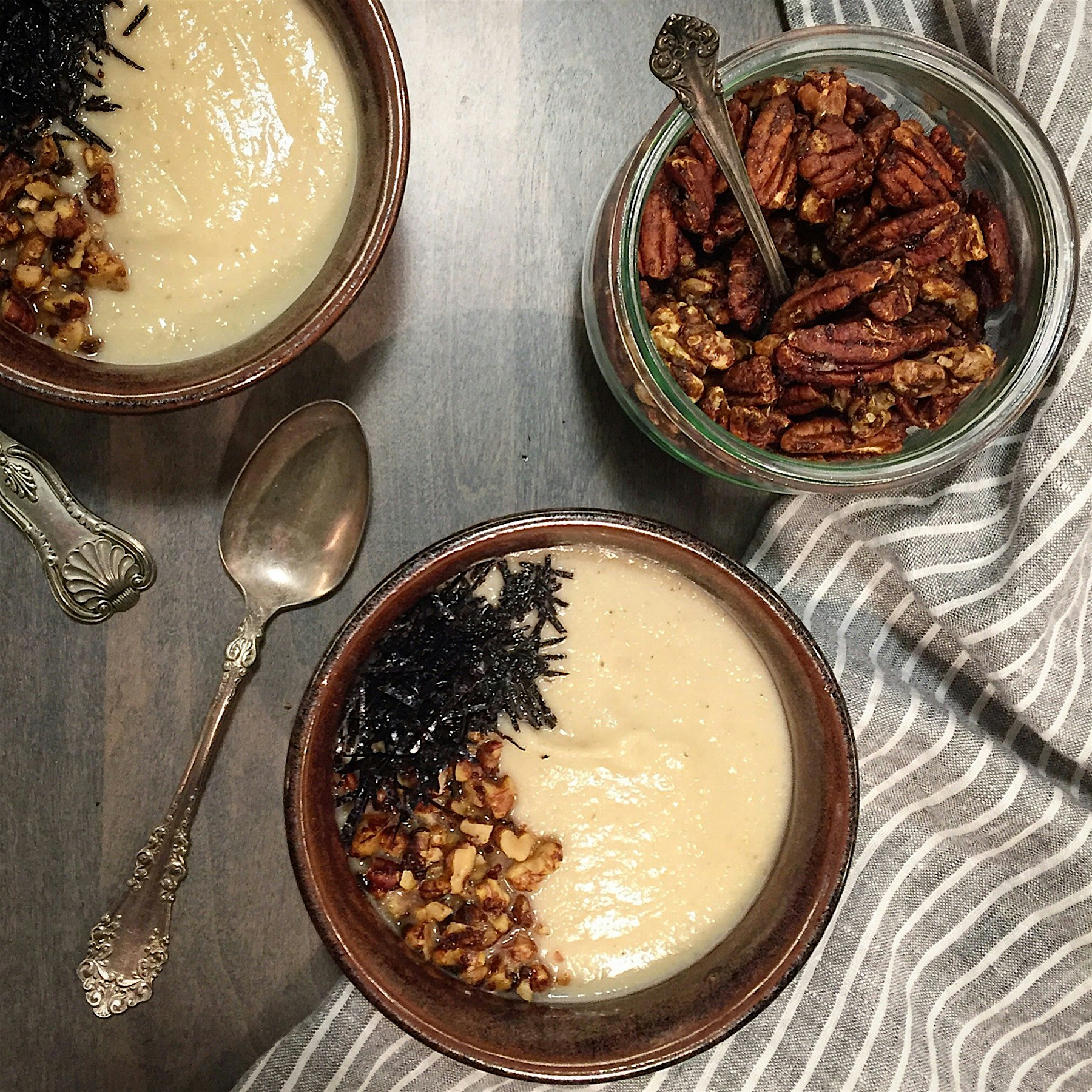 Roasted Cauliflower and Kohlrabi soup with shredded nori and balsamic curry spiced nuts. So happy...