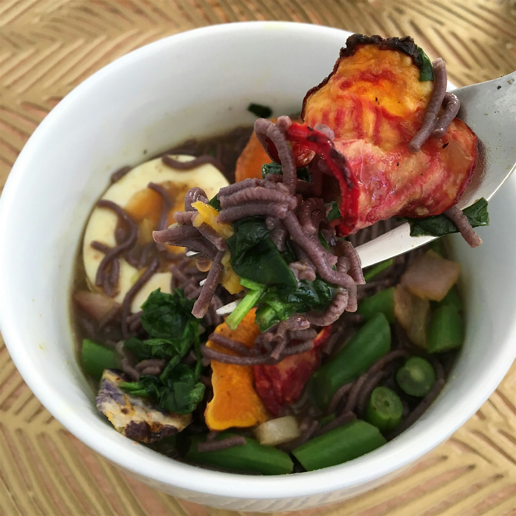 Love ramen. Added a crunch to it with beet chips. 
