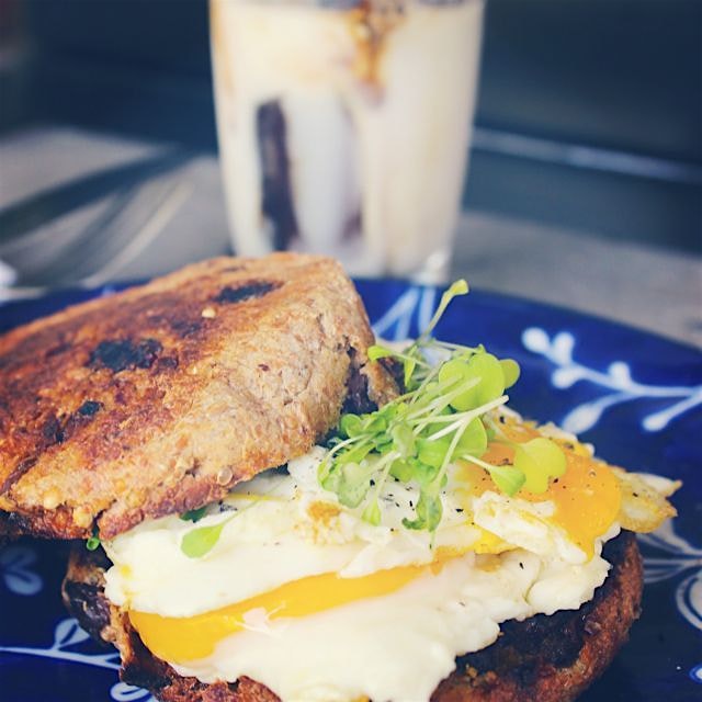 Arugula sprouts that we've been growing in Miami! Eggs from a friends backyard & coldpressed coff...